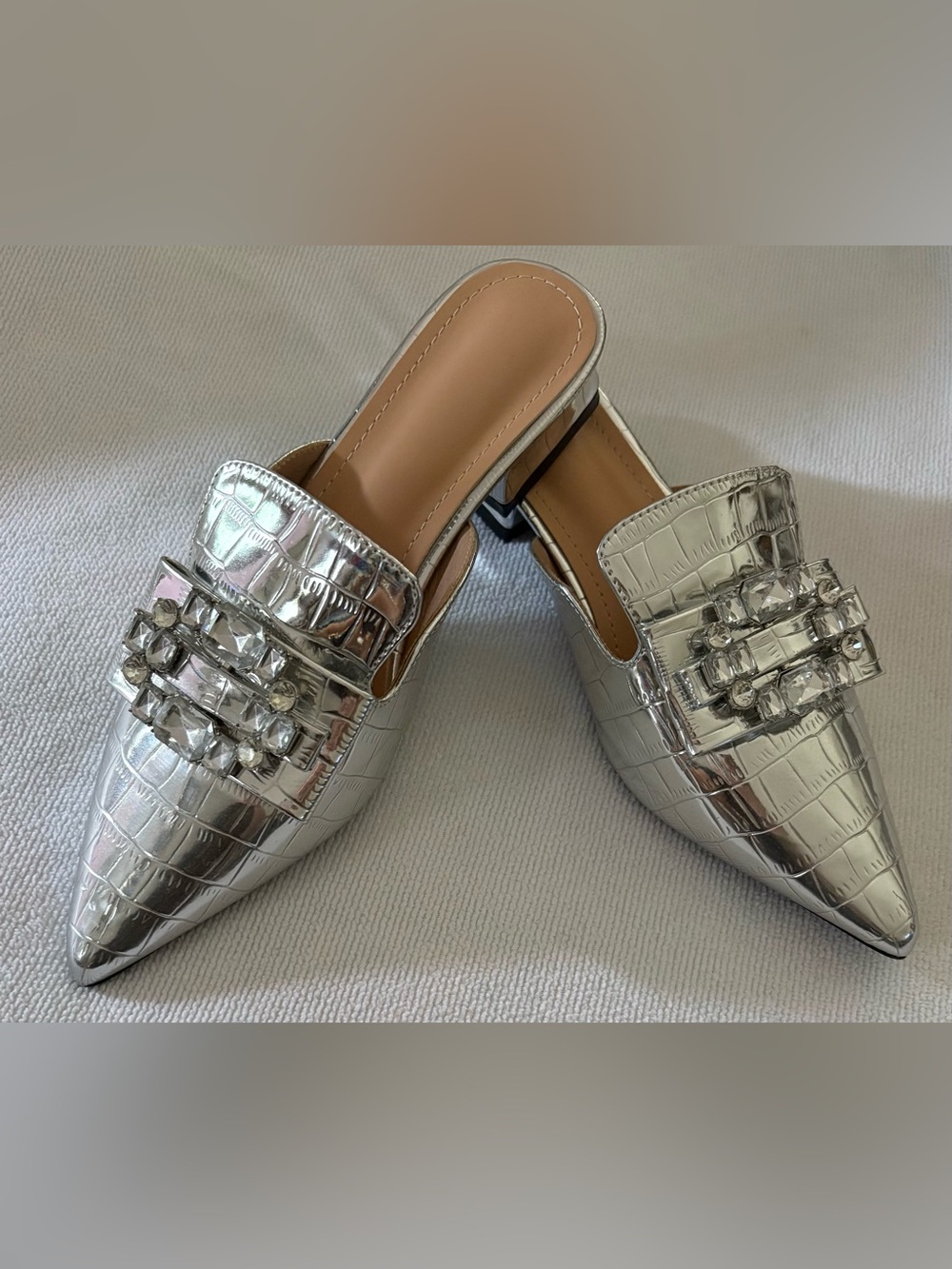 Silver Pointed Toe Jewel Mule Flats - Women